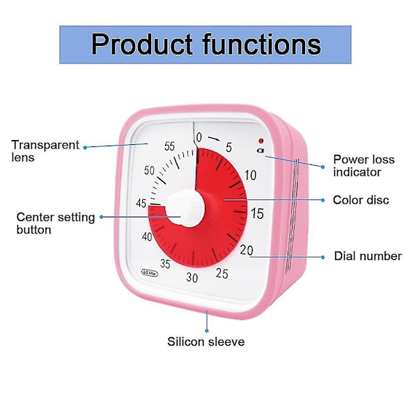 Visuaalinen lähtölaskenta-ajastin, ylisuuri luokan visuaalinen ajastin lapsille ja aikuisille, kestävä mekaaninen keittiöajastin Pink