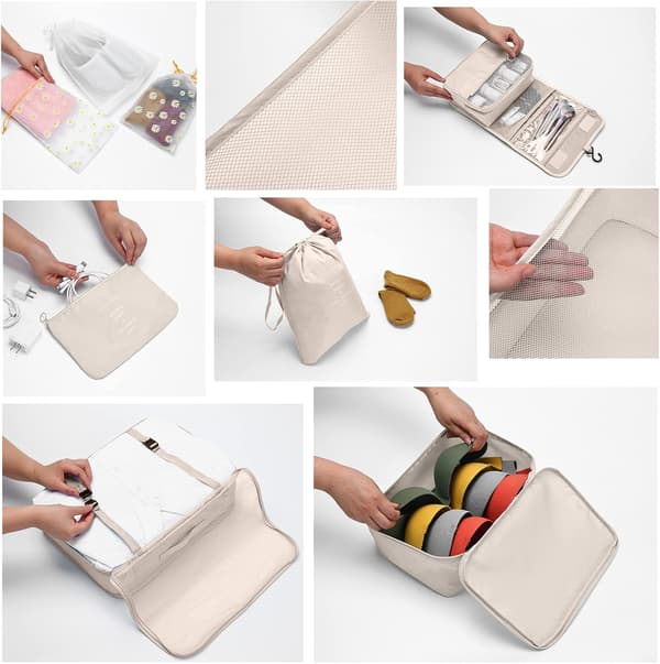 Resväskeorganisatörset med 10 packningskuber Resväskeorganisatörset beige