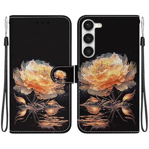 Mobiltelefonskal i läder med kristalltextur och färgad teckning för Samsung Galaxy S23 5g Gold Peony