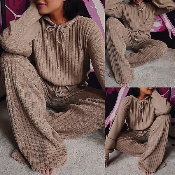 Women's 2-piece Set Casual Loose Long Sleeve Knit Top And Wide Leg Pants Casual Suit Sportswear CAFFEE XL