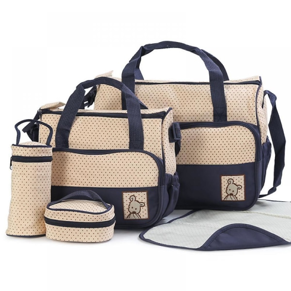 Viisiosainen Mummy Bag vaippalaukku Monitoiminen matka-vedenpitävä muumiolaukku, äitiyslaukut, joissa on suuri kapasiteetti ja useita taskuja A916-01 Dark blue