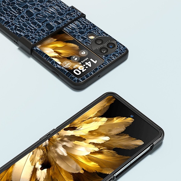 Abeel Fodral för Oppo Find N3 Flip 5g, Äkta Läderbelagd PC-skydd med Hängselskydd Blue