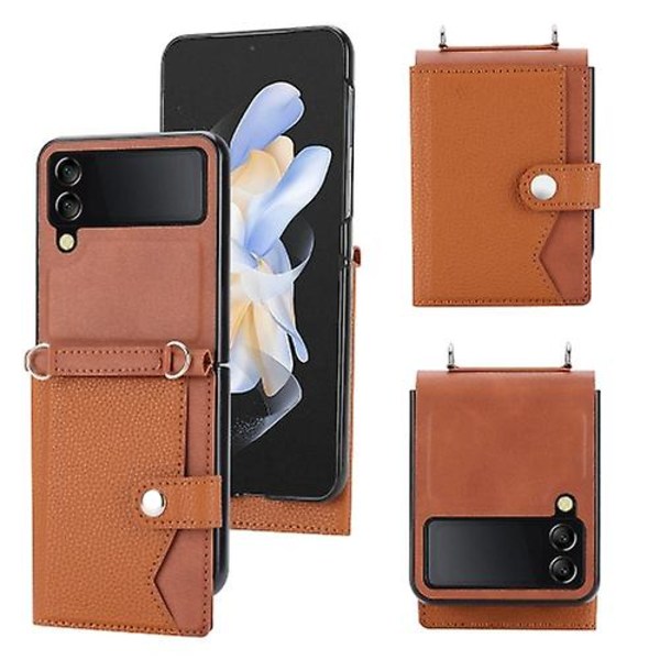 Til Samsung Galaxy Z Flip3 5g Litchi Mønster Enkelt Knappen Kort Holder Mobiltelefon Etui Med Lang Snøre Brown