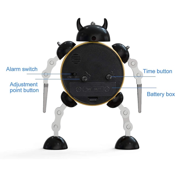 Robot Alarm Clock, Stainless Metal Non-ticking Wake-up Clock With Eye Lights And Hand Clip, Best Gift For Kids (black Yellow)