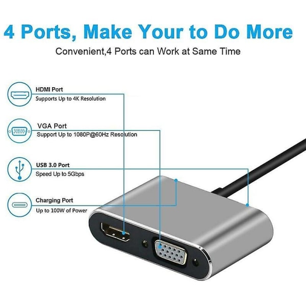 Type-c To Hdmi And Vga And Usb And Pd , 4 In 1 Type C To Vga Hdmi 4k Uhd Usb3.0 And Pd3.0 Hub, Usb C Adapter For Macbook Pro/imac/air Chromebook Pixel