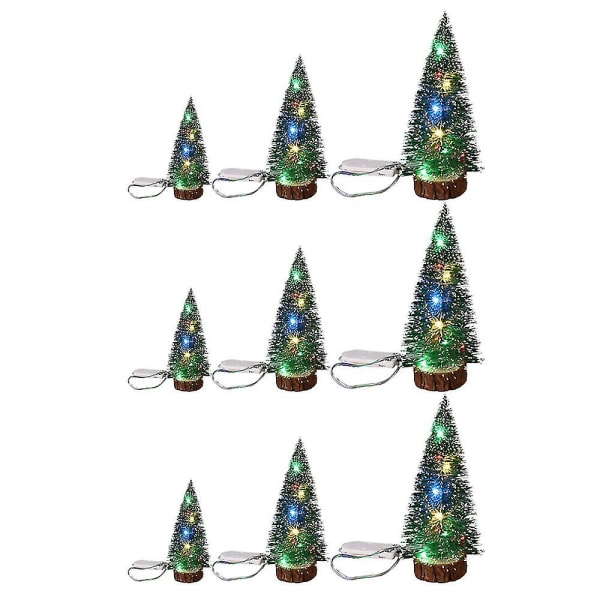 Mini juletræer med træbund, julebordplade træer til hjemmekøkken juleindretning.9stk