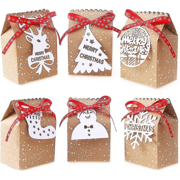 Christmas Kraft Gift Boxes For Xmas Party Decoration With 24 White Tags And Ribbon Ties (assorted 6 Styles)24pcs
