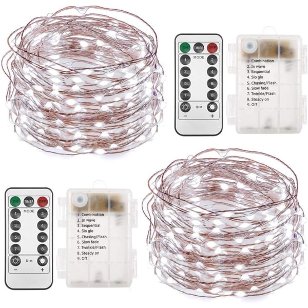 2 Sets Battery Operated Fairy Lights, 33 Feet 100 LED String Lights, Remote Control Timer, 8 Modes, 10 Meter White