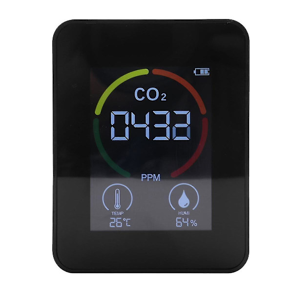 Luftkvalitetsmonitor CO2 Kuldioxiddetektor Temperatur Fugtighedsmåler Hurtig Måling Meter Til CO2, Sort