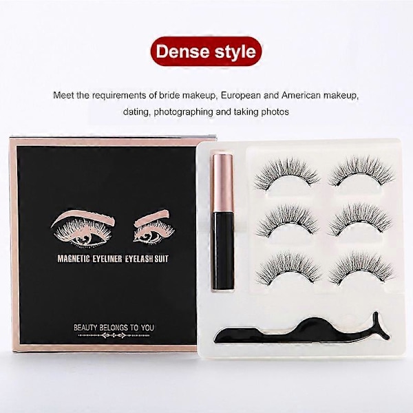 Vedenpitävä magneettinen eyeliner ripsillä ja pinseteillä, 3 parin setti, pitkät ripset dense