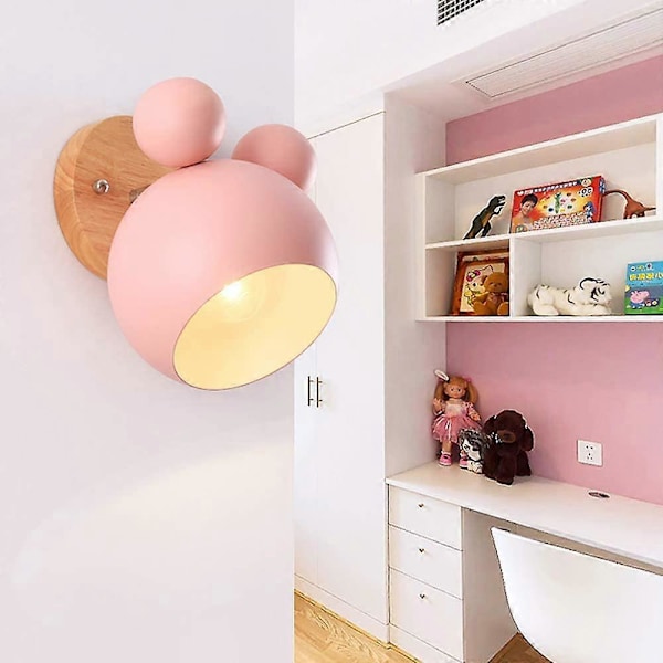 Kreativ Tegneserie Vegglampeholder i Tre, Nordisk Makron E27 LED Sengelampeholder, Barneleselampe for Gang, Stue, Loft (Rosa) Pink Mickey wall lamp