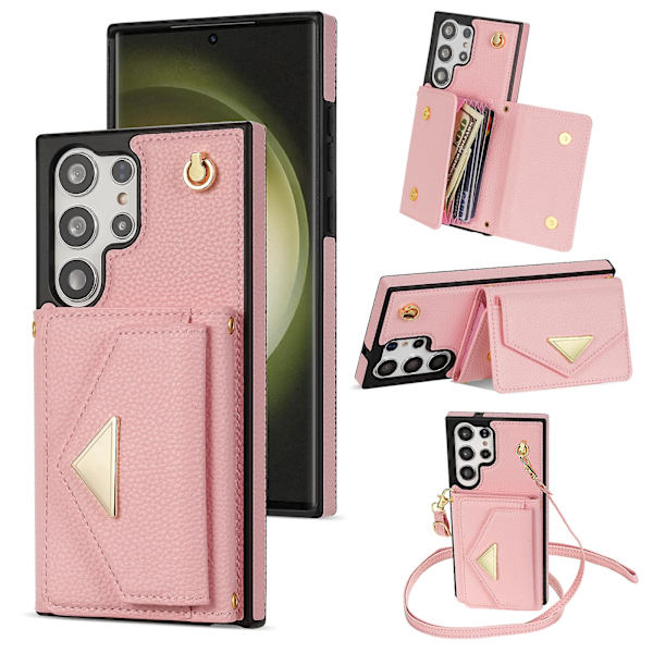 För Samsung Galaxy S24 Ultra Fodral Organ Kortväska Läder+tpu Skal Med Axelrem Pink