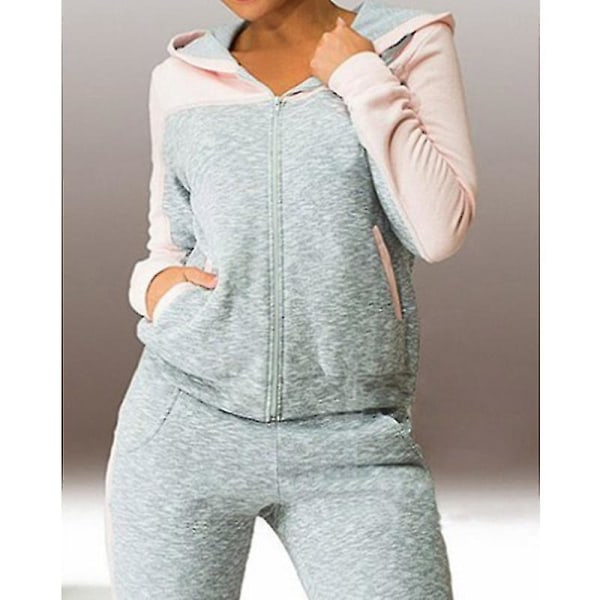 Women Colorblock Tracksuit Set Fitness Hoodie Pants Jogging Gym Sports Casual Sportswear Pink Grey 3XL