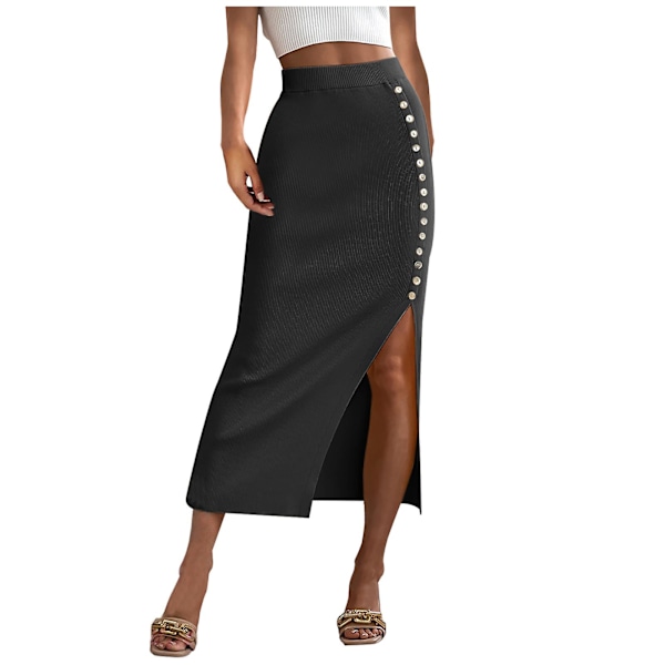 Women Skirts Fashion Women Casual Mid Calf High Waist Button Slit Buttocks  Skirt