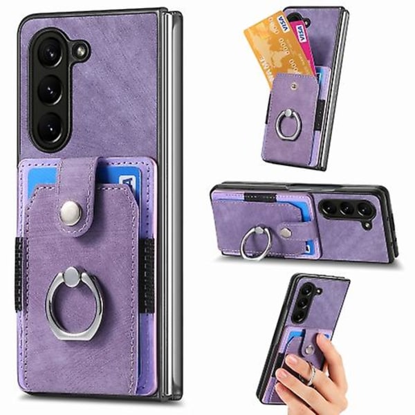 Samsung Galaxy Z Fold5 5g -retro nahkatuntuman rengas monikorttilompakko matkapuhelinkotelo Purple