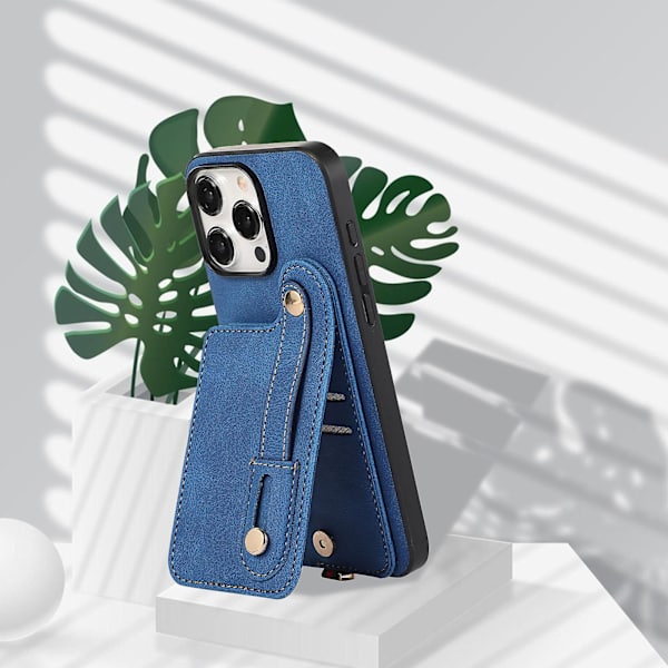 Fodral för Iphone 14 Pro Max med stativ och kortfack i TPU+läder Blue