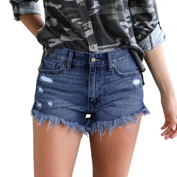 Dame Denim Shorts Mid Waist Ripped Raw Hem Jeans Shorts Til Sommer Dark Blue 2XL