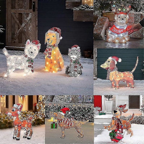 2D Julhund med LED-lampor Trädgårdsdekoration med Akrylträdgårdspåle Q8