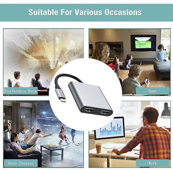 4-in-1 USB Type-C -hubi kahdelle 4K HD -yhteensopivalle latausportille USB-C -telakointiaseman sovitin, tukee kahta