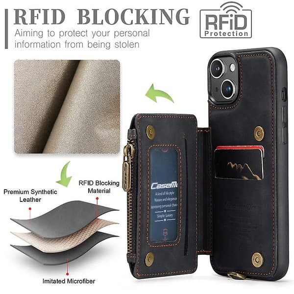 Caseme C20 Multifunktionel RFID Læder Mobiltelefonetui til iPhone 15 Black 15 Pro Max
