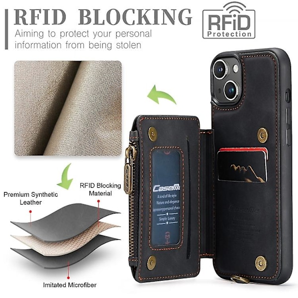 Caseme C20 Multifunktionellt RFID Läder Mobilskal för Iphone 15 Black iPhone 15