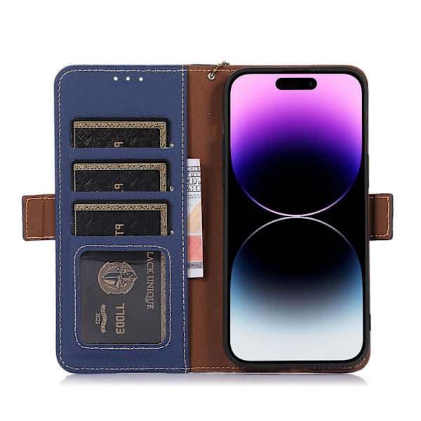 Plånboksfodral i läder med RFID-blockering för iPhone 15 Sapphire