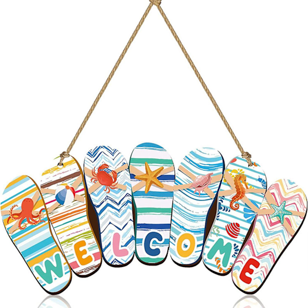 Hanging Sign Slippers Decoration Handmade Welcome Hello Flip Flop Wooden Door Sign Home Accessory