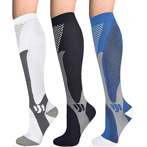 3 par kompressionsstrumpor för män och kvinnor, elastiska strumpor whiteandblackandblue L-XL