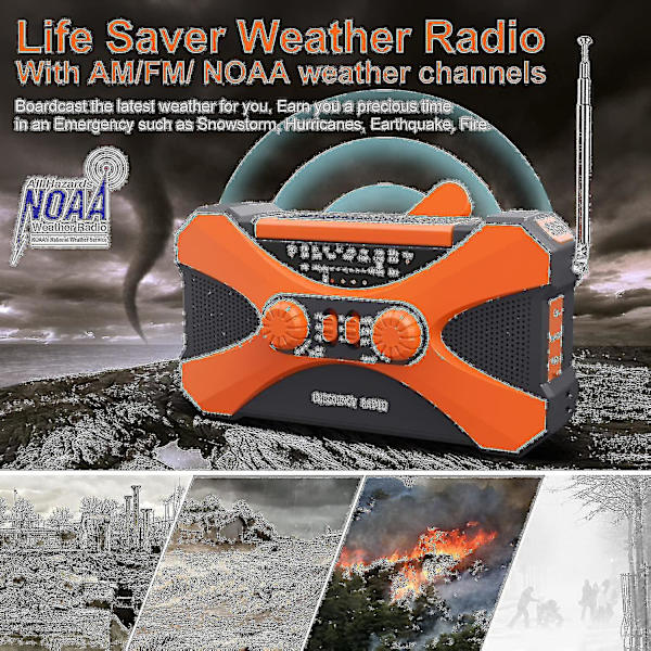 10000mAh nödradio, solcellsdriven vevradio, bärbar AM/FM/NOAA väderradio med mobiltelefonladdare ficklampa-C6 Orange
