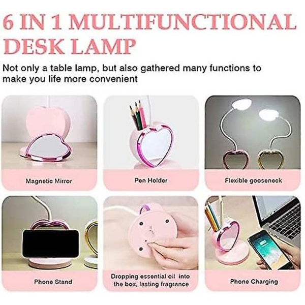 Led-bordslampe til ung pige, genopladelig led-bordslampe med usb-opladningsport og penneholder, dæmpbar pink