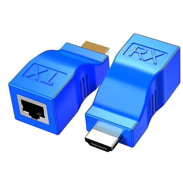 HDMI-förlängare, HDMI till RJ45 1080p LAN-nätverk HDMI-förlängning upp till 30m via Cat5e/6 UTP LAN Ethernet-kabel Blue