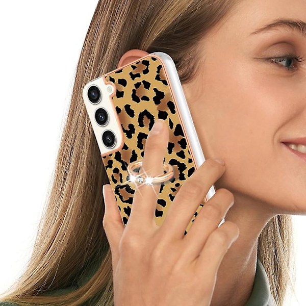 Mobiltelefonskal med ringhållare för Samsung Galaxy S22+ 5g, dubbelsidig elektropläterad IMD Leopard Print