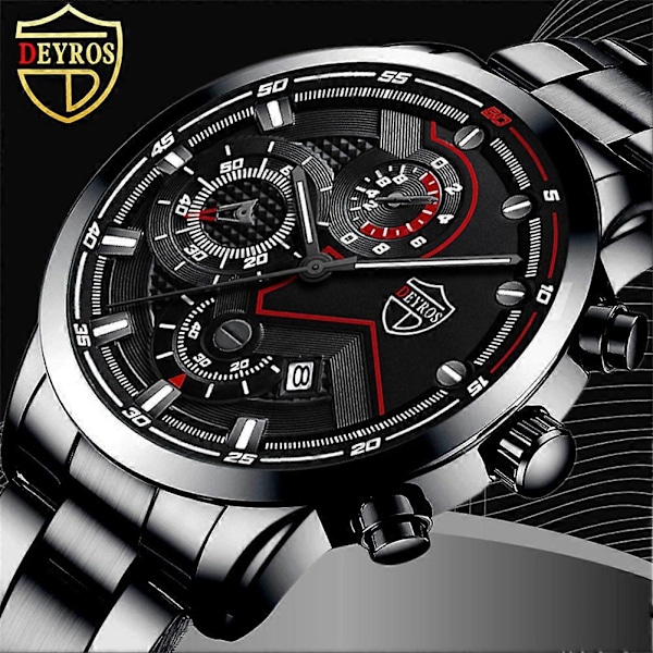 Vanntett Herreklokke Klassisk Rustfritt Stål Kvarts Selvlysende Luksus Armbåndsur black face Silver needle Black Belt