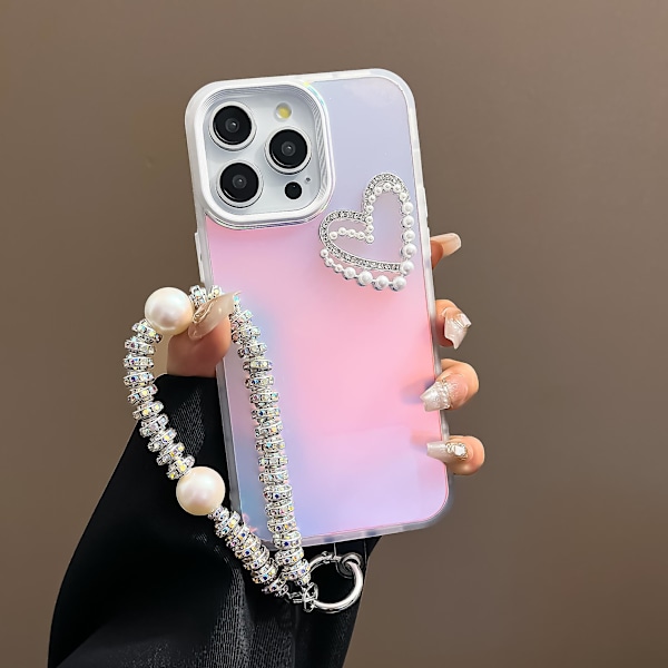 iPhone 13 Pro -mattakuori, laser-efekti, PC+TPU, helmiä, sydänpuhelin, suojakotelo käsihihnalla White