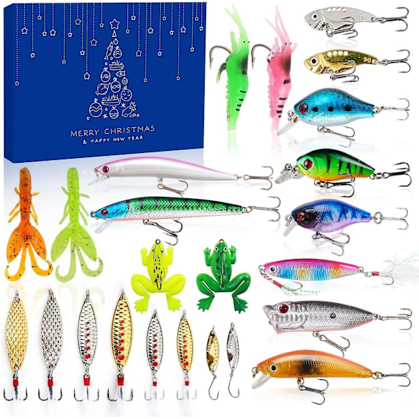 Julefiskesæt kassette, fiske adventskalender 2023, julefiskesæt blind box, fiskedrag sæt, engel adventskalender 2023 fiske D Set-24B