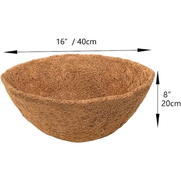 To 40 cm (16-tommers) runde kokosnøttskallforinger for hengekurver; kokosnøttskallforingene kan byttes ut.