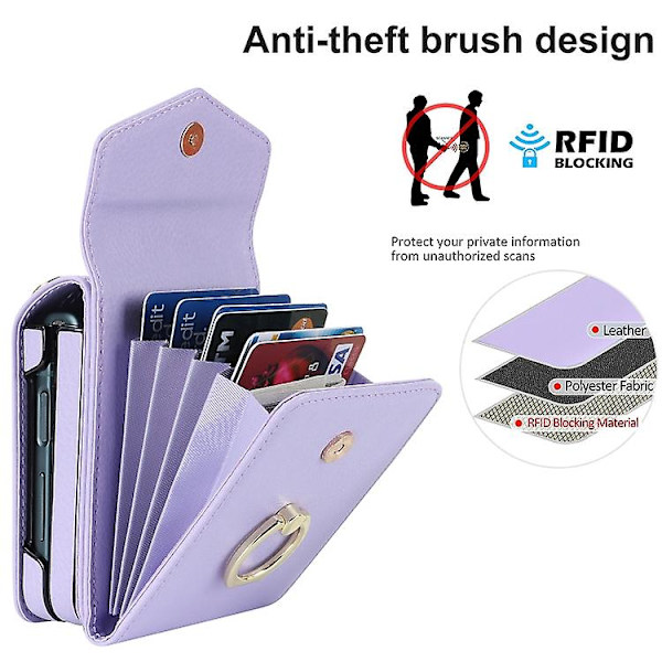 Mobiltelefonskal för Samsung Galaxy Z Flip4 med Litchi-struktur, RFID-kortfack och ringhållare Purple