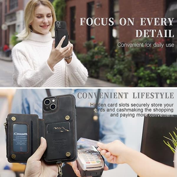 Caseme C20 Multifunktionellt RFID Läder Mobilskal för Iphone 15 Black 15 Plus