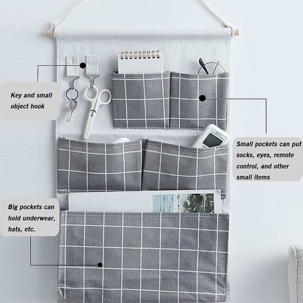 Digead hængelomme, 5 lommer væghængende opbevaringstaske, væghængende opbevaringstaske til køkken badeværelse og kontor-grå
