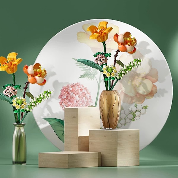 Dekorativ Blomsterbuket Byggeklodser Kunstige Blomster Mini Mursten Blomst Med Elegant Æske (ca. 1657 Byggeklodser Ekskl. Vase) 1658 Sunshine Vitality Orange