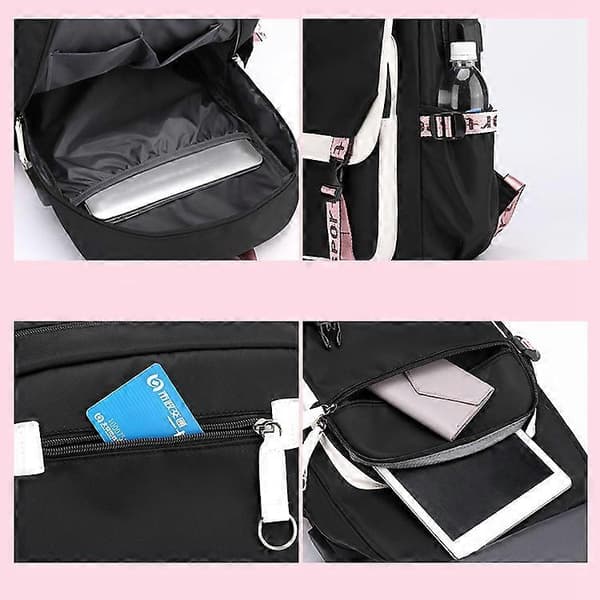 Stitch-trykt USB-ladbare ryggsekk, casual student-skolebagg Black 2