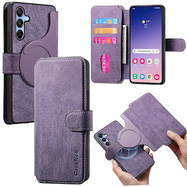 Irrotettava magneettinen lompakkokotelo iPhone 15:lle, miehille ja naisille, RFID-suojattu materiaali, retro folio-kääntönahkakotelo, jossa on 3 korttipaikkaa 13 Pro Purple