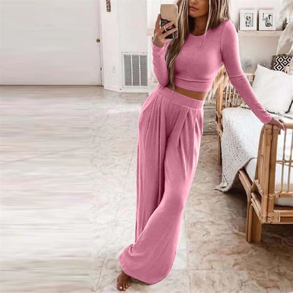 Kvinder ensfarvet langærmet outfitsæt Strikkede strikbukser Bukser med brede ben Casual Loungewear Plus Str. Pink 3XL