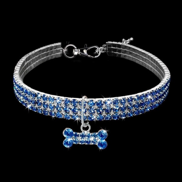 Amazing 3 Rows Rhinestone Pet Cat Dog Collars Sparkly Rhinestone Bone Jewelry Party Wedding Accessories (Blue-L)