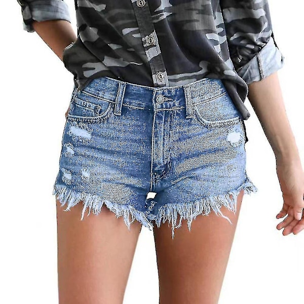 Dame Denim Shorts Mid Waist Ripped Raw Hem Jeans Shorts Til Sommer Gray 2XL