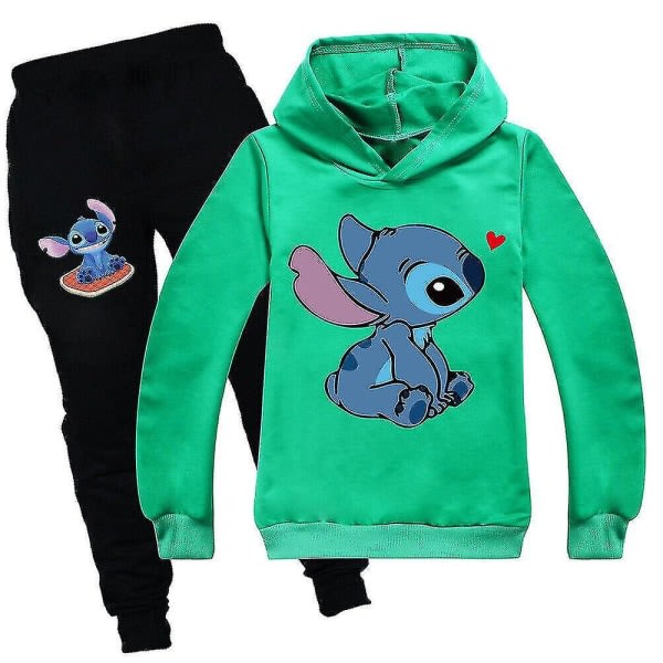 Lilo Stitch Træningsdragt 2stk Hættetrøje Top Hættetrøje Bukser Outfit Sæt Sportstøj til børn Green 130 cm