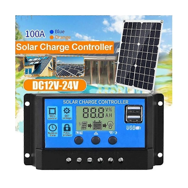 100A Solcelleladningsregulator, Solcellepanel Batteri Intelligent Regulator Med Dobbel USB-Port, Multifunksjonsregulator