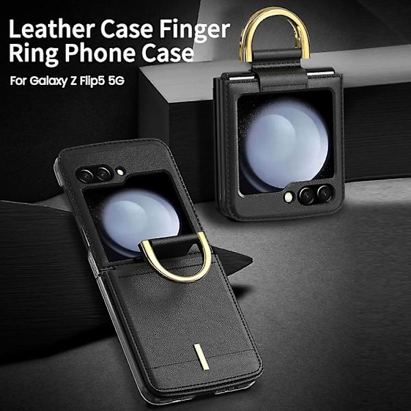 Læder Shockproof Mobiltelefon Cover til Samsung Galaxy Z Flip5 med Ringholder Black