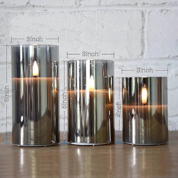 Sølvgrå Glass Flammeløse Flimrende Lys med Fjernkontroll, 3-pakning Realistiske LED-Lys 3\" H 4\" 5\" 6\"
