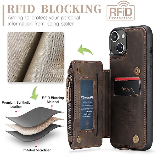 Caseme C20 Multifunktionel RFID Læder Mobiltelefonetui til iPhone 15 Brown 15 Plus